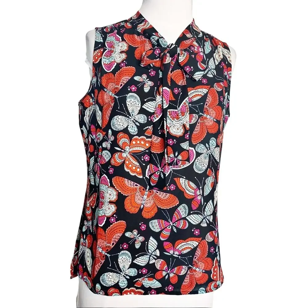 NWT Tommy Hilfiger butterfly print tie neck top